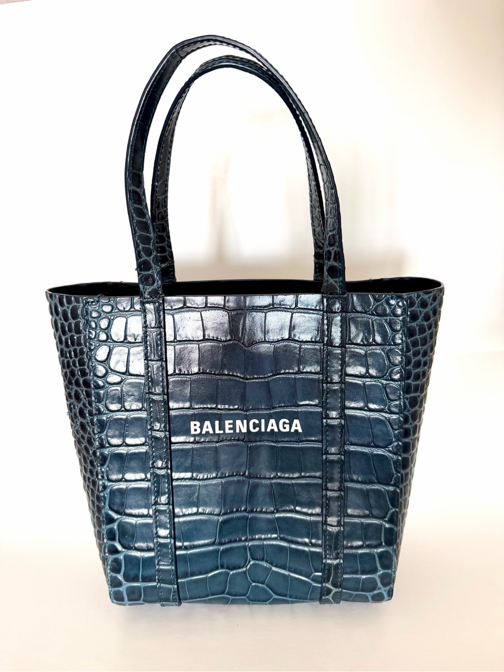 Balenciaga blue Croc-Embossed Leather Tote with Logo